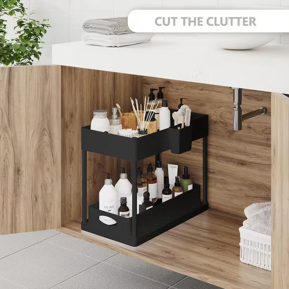 2-Tier Black Sliding under Sink Organizer Storage Cabinet Basket Drawer